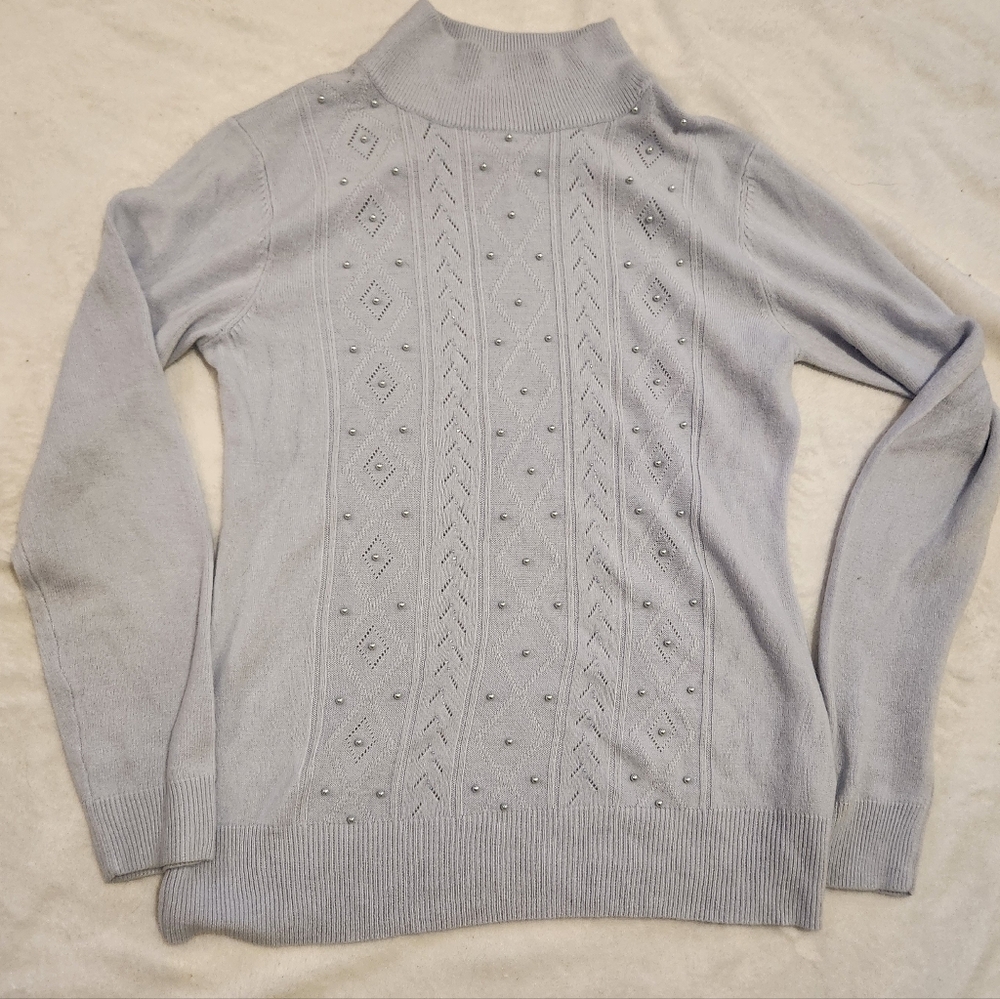 Vintage Light Blue Pearl Beaded Sweater Soft Acrylic Knit Size Medium Mock Neck
